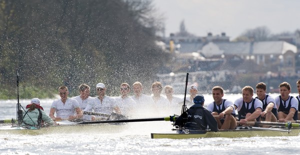 George Bridgewater (Right, second from nearest rower) on his way to winning the Boat Race for Oxford. Now the crew takes on Waikato University.